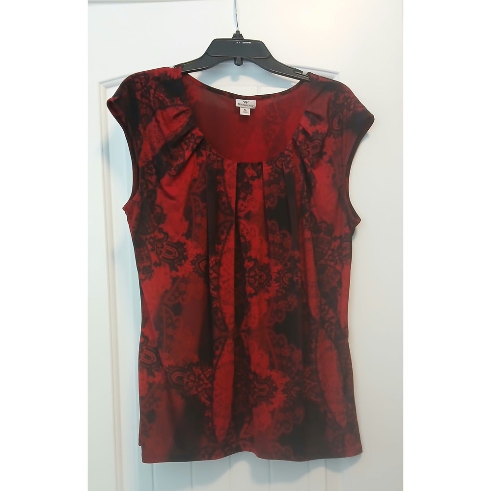Worthington Womens XL Red Black Damask Paisley Pleated Scoop Neck Blouse Top